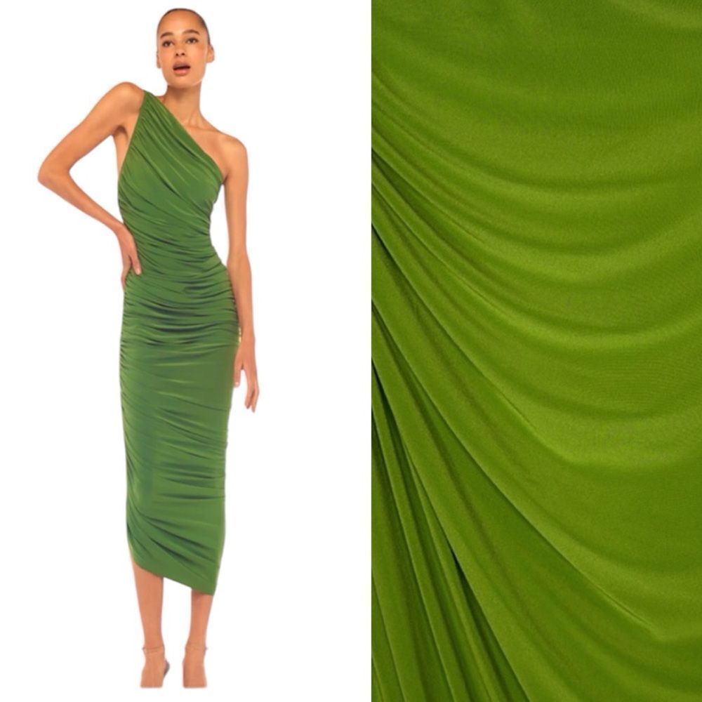 Norma Kamali One-Shoulder Ruched Midi Dress in Olive Green